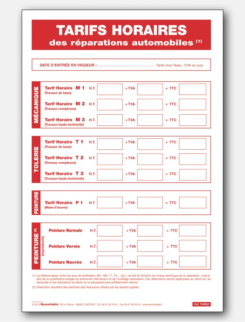 Panneau tarifs horaires des réparations