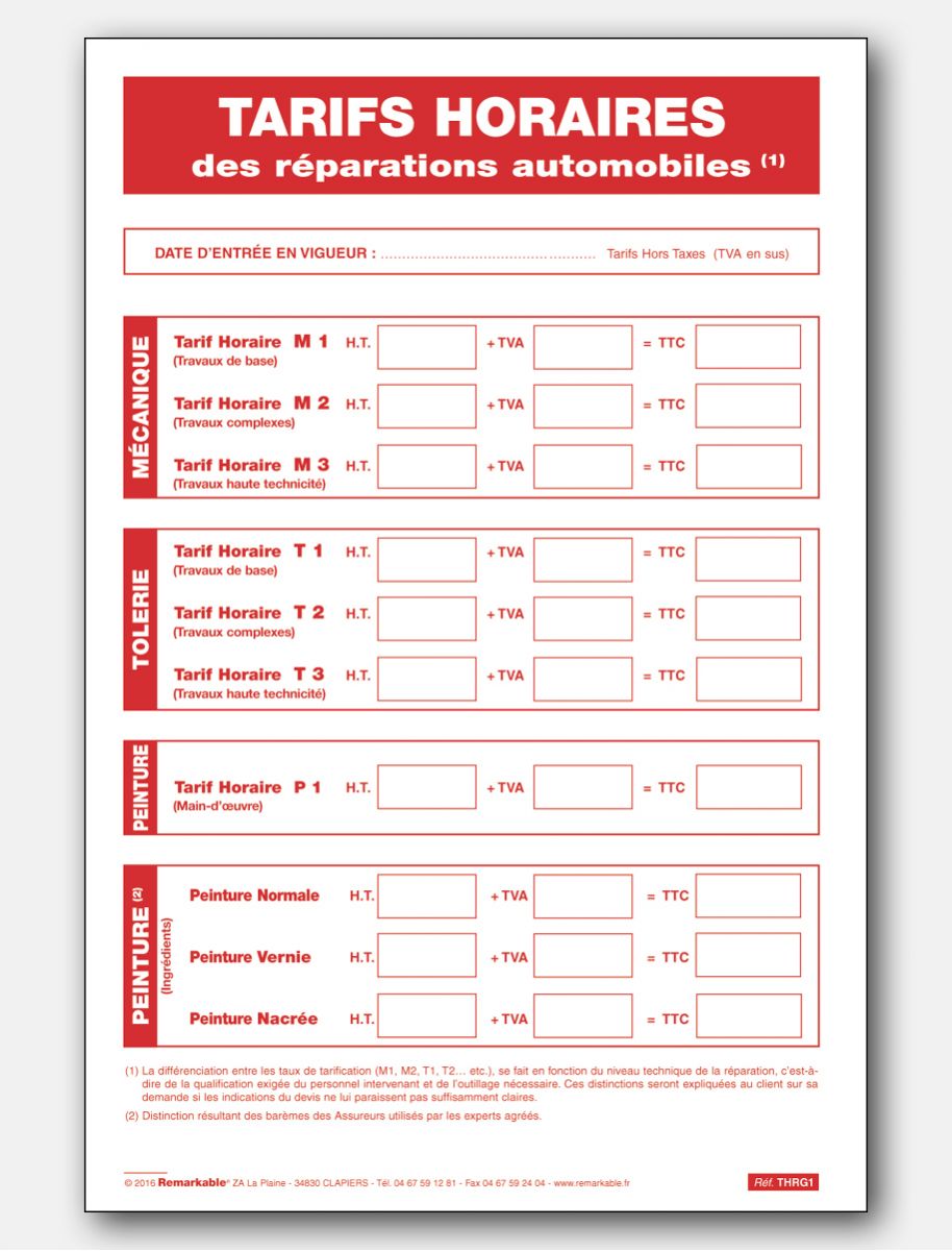 Panneau tarifs horaires des réparations