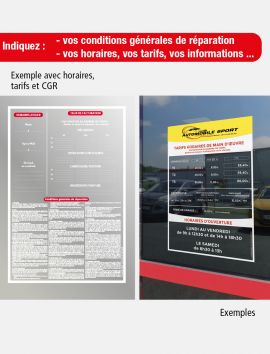 Affichage de vitre horaires, tarifs